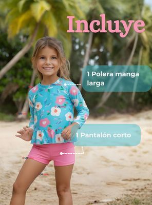 Imagen 2 del producto Traje De Baño Manga Larga y Pantalón Corto 2 Piezas Niña de 2 a 7 años Flowers