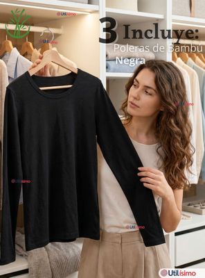 Imagen 2 del producto Pack 3 Camisetas Poleras Bambú Primera Capa Negro Manga Larga Mujer