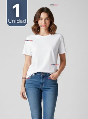 Camiseta Polera 100% Algodón Básica Lisa Elástica Mujer Color Blanco