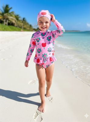 Traje de Baño Enterito Cremallera Manga Larga Con Gorro para Niñas 1 a 6 años Pink Flowers
