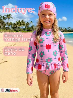 Imagen 2 del producto Traje de Baño Enterito Cremallera Manga Larga Con Gorro para Niñas 1 a 6 años Pink Flowers