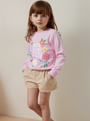 Polera Algodón Manga Larga Niñas Camiseta Flores Rosado