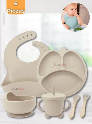 Set De Alimentación Bebé Silicona De Formas 6 Piezas Libre BPA Beige