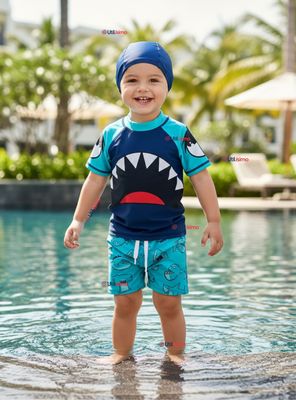 Traje de Baño Con Gorro Pantalón Corto Manga Corta 3 Piezas Corte Split Niño 2 a 8 años Blue Shark