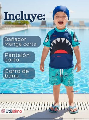 Imagen 2 del producto Traje de Baño Con Gorro Pantalón Corto Manga Corta 3 Piezas Corte Split Niño 2 a 8 años Blue Shark