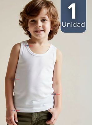 Camiseta Sin Manga Básica Suave 100% Algodón Blanco para Niño y Juvenil