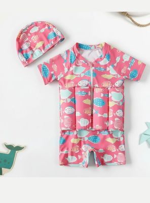 Traje de Baño Flotador Enterito Con Gorro 2 Piezas para Niñas 9 a 36 Meses Pink Sea