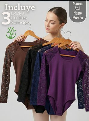Imagen 2 del producto Pack 3 Bodys Cuello Redondo Manga Larga Con Encaje Bambú Mujer de Colores Surtidos