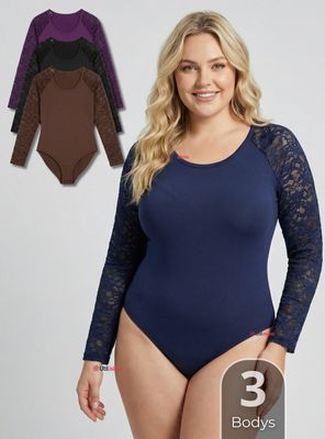Imagen 1 del producto Pack 3 Bodys Cuello Redondo Manga Larga Con Encaje Bambú Mujer de Colores Surtidos