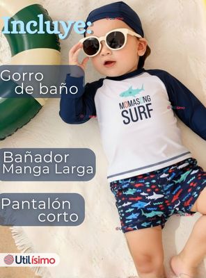 Imagen 2 del producto Traje de Baño Con Gorro Pantalón Corto Manga Larga 3 Piezas Corte Split Niño 3 a 9 años Blue Surf