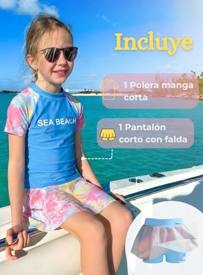 Imagen 2 del producto Traje De Baño Manga Corta Pantalón Corto Con Falda 2 Piezas Niña 6 a 13 Años Sea Beach azul