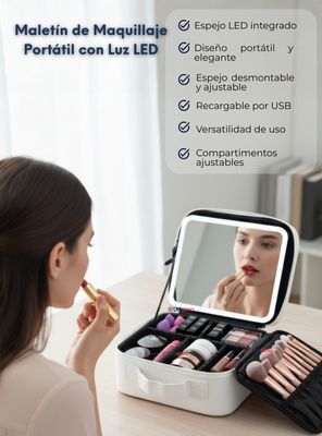 Imagen 2 del producto Estuche Maquillaje 2 en 1 Bolso Cosmetiquero Espejo Con Luz Led Organizador Color Blanco