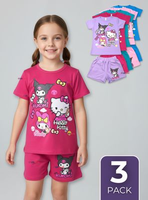 Pack 3 Conjunto Sanrio 100% Algodón Polera Pantalón Corto para Niña Kuromi Hello Kitty My Melody