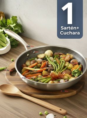 Sartén Acero Inoxidable Antiadherente 24cm + Cuchara de Madera de Bambú