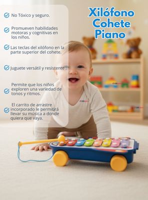 Imagen 2 del producto Xilófono Cohete Piano Carrito de Arrastre Juguete Educativo para Bebé