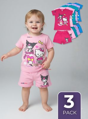 Pack 3 Conjuntos Sanrio 100% Algodón Polera Pantalón Corto Niña Kuromi Hello Kitty My Melody