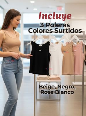 Imagen 2 del producto Pack 3 Camisetas Poleras Sin Mangas Tela Acanalada Algodón para Mujer Color Surtido