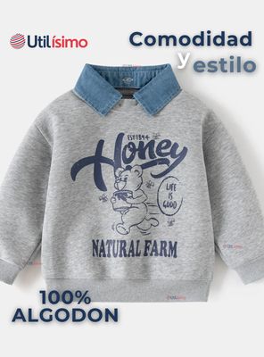 Imagen 2 del producto Polerón Algodón Estilo Pique Manga Larga Niño Gris