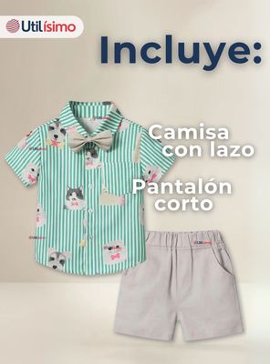 Imagen 2 del producto Conjunto de Vestir Camisa de rayas Con Lazo Y Pantalón Corto beige de Algodón Bebe y Niño