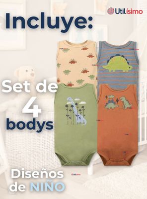 Imagen 2 del producto Pack 4 Bodys Niños Sin Manga Tedmimak 100% Algodón Baby Dino