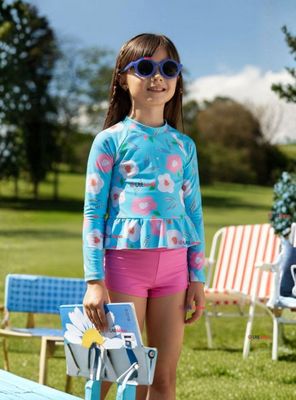 Traje De Baño Manga Larga y Pantalón Corto 2 Piezas para Niña de 2 a 7 años Flowers