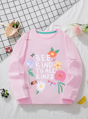 Polera Algodón Manga Larga Niña Camiseta Flores Rosado
