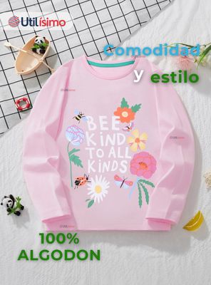 Imagen 2 del producto Polera Algodón Manga Larga Niña Camiseta Flores Rosado