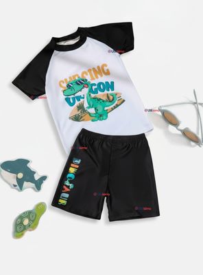 Traje de Baño Polera Manga Corta  Pantalón Corto 2 Piezas para Niño 3 a 9 años Black Dinosaur