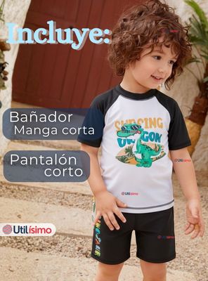 Imagen 2 del producto Traje de Baño Polera Manga Corta  Pantalón Corto 2 Piezas para Niño 3 a 9 años Black Dinosaur