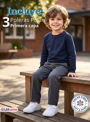 Imagen 2 del producto Pack 3 Polera Camiseta Polar Color Azul Primera Capa Escolar Cuello Redondo Manga Larga Niños