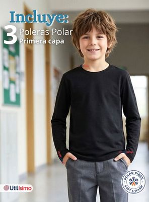 Imagen 2 del producto Pack 3 Polera Camiseta Polar Negra Primera Capa Escolar Cuello Redondo Mangas Largas Niños