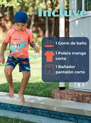 Imagen 2 del producto Traje De Baño Con Gorro Polera Pantalón Corto 3 piezas Corte Split Niño 3 a 9 Años Dino