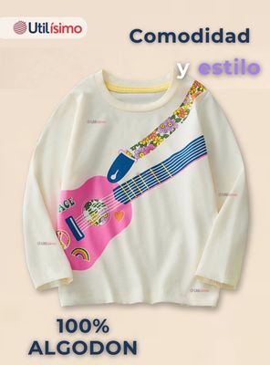 Imagen 2 del producto Polera Algodón Manga Larga Niñas Camiseta Guitarra Blanco