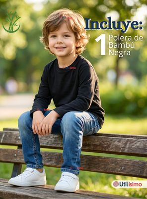 Imagen 2 del producto Polera Camiseta Bambú Negra Cuello Redondo Primera Capa Manga Larga Niño
