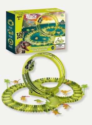 Pista Carreras de Autos Juguete Flexible Armables Dinosaurio 120 Piezas Niños