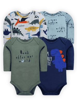 Pack 4 Bodys Bebé Niño Manga Larga Tedmimak 100% Algodón Blue Dinosaur