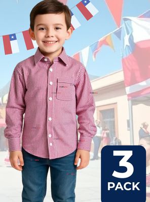 Pack 3 Camisa Huaso Cuadrillé Algodón Niños Juvenil Color Rojo
