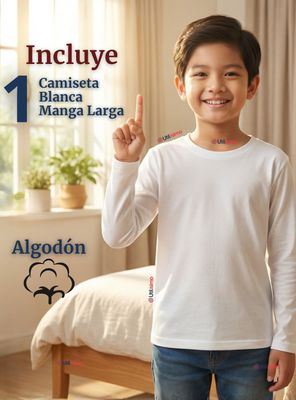 Imagen 2 del producto Camiseta Algodón Manga Larga Polera Primera Capa Blanco Niño