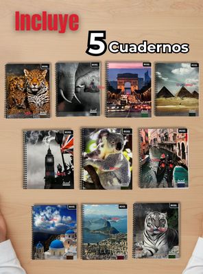 Imagen 2 del producto Pack 5 Cuadernos Universitario Animal & Places Ross 7mm de 100 hojas Diseños Surtidos