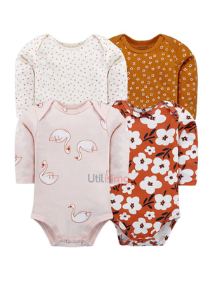 Pack 4 Bodys Tedmimak Niña Manga Larga Cisne y Flores 100% Algodón