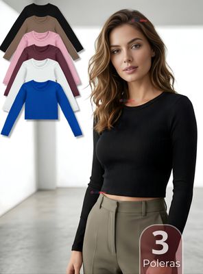 Imagen 1 del producto Pack 3 Camisetas Polar Manga Larga Polera Tela Acanalada Colores Surtidos