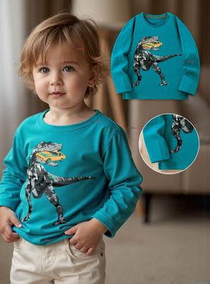 Imagen 2 del producto Polera Algodón Manga Larga Niños Camiseta Dinosaurio verde