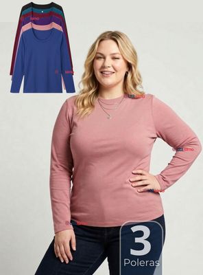 Imagen 1 del producto Pack 3 Camisetas Poleras Bambú Primera Capa Mangas Larga de Colores Surtidos Mujer