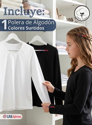 Imagen 2 del producto Camiseta Polera Algodón Cuello Redondo Primera Capa Manga Larga de Colores Surtidos Niña Juvenil