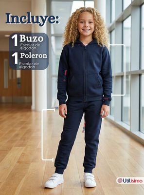 Imagen 2 del producto Conjunto Escolar Buzo Pantalón Y Polerón 100% Algodón Niña Unisex Azul 3 a 16 años