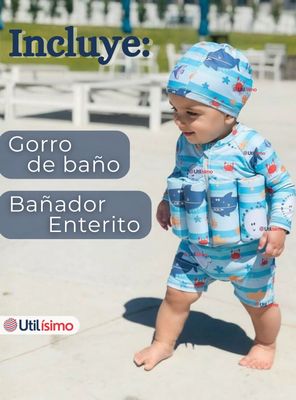 Imagen 2 del producto Traje de Baño Enterito con Flotador y Gorro de Baño para Niño 2 Piezas 9 a 36 Meses Blue Sea