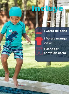 Imagen 2 del producto Traje De Baño Polera Manga Corta Pantalón Corto y Gorro 3 piezas para Niño de 3 a 9 Años Dino