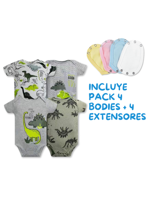 Imagen 2 del producto Pack 4 Unidades Extensor Body Bebé +Pack 4 Bodys Algodón Niño Manga Corta Dinosaurios Animados