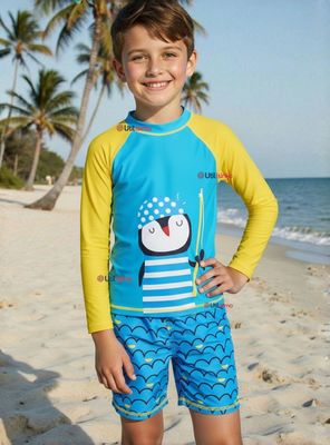 Traje de Baño Manga Larga Pantalón Corto 2 Piezas Corte Split Para Niño 3 a 9 años Blue Penguin