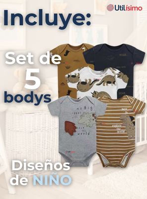 Imagen 2 del producto Pack 5 Bodys Niño Manga Corta Tedmimak 100% Algodón Dino Roar
